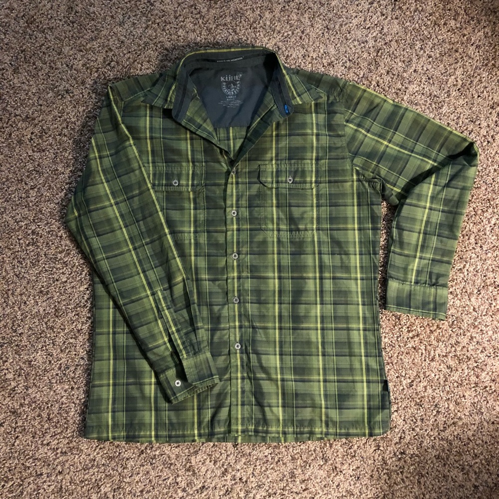 Men’s Kuhl Eluxur green plaid microfiber shirt